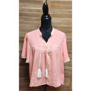 June & Hudson New Women's Size XL Tassel-Tie Relaxed Peach Short Sleeve Blouse